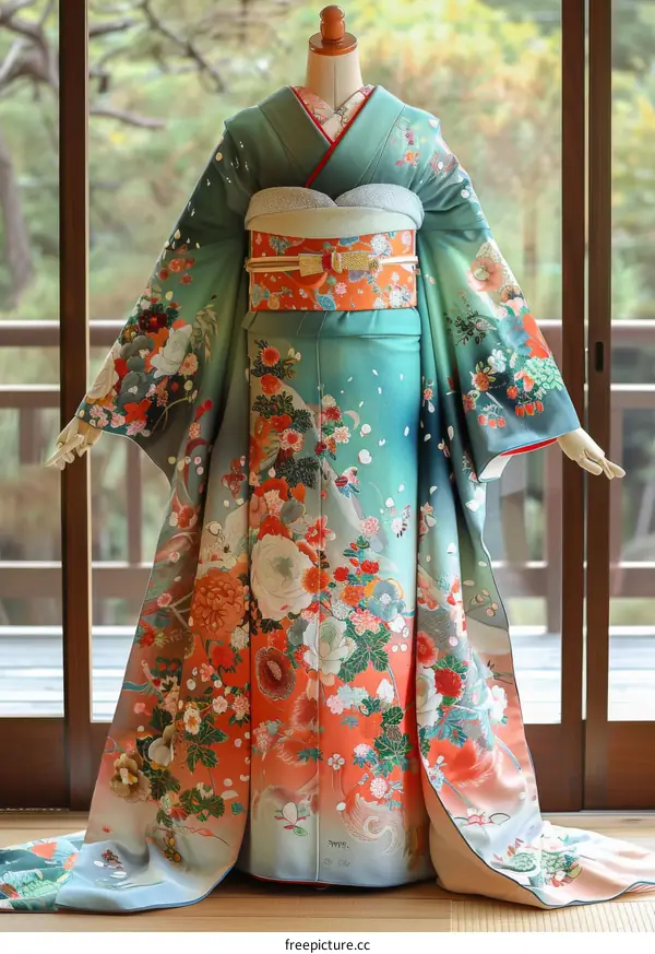 A woman wearing a kimono with a floral pattern