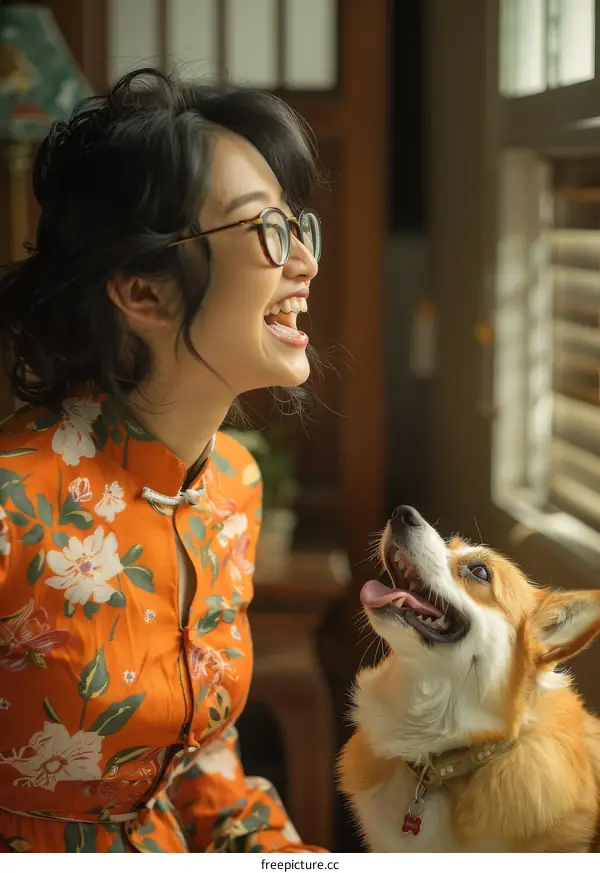 A woman and her corgi dog are looking at each other and smiling