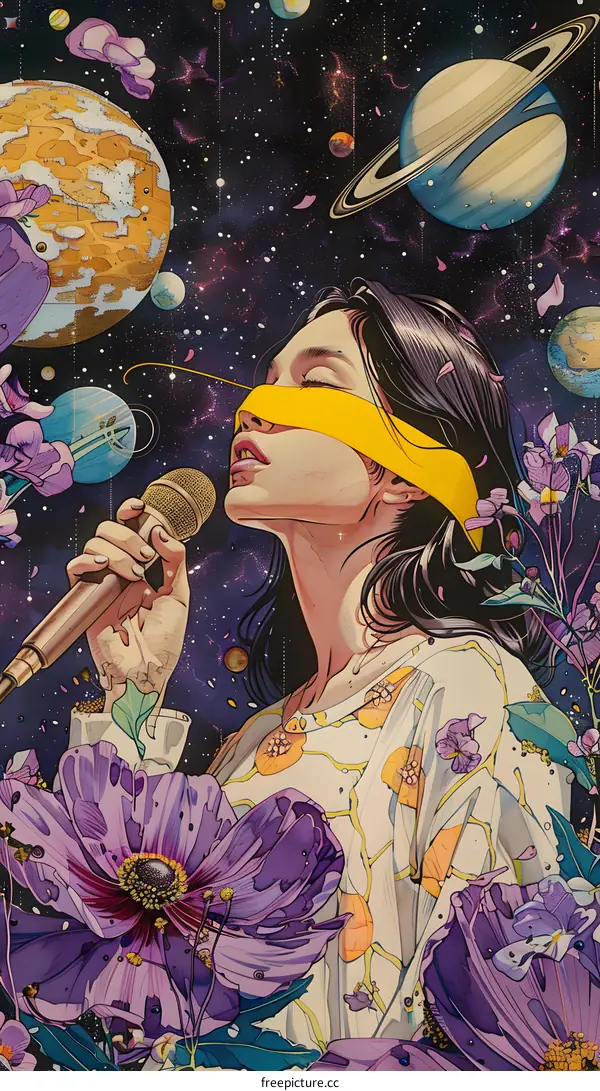 A woman singing with a microphone in front of a starry background