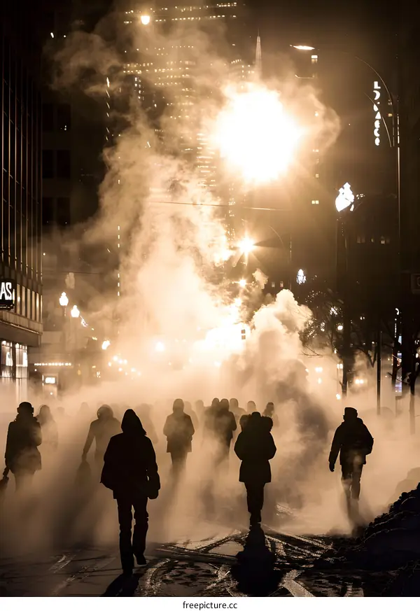 Silhouettes of People Walking in Foggy City Street at Night
