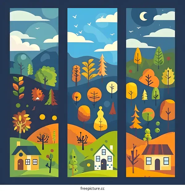 Autumn Landscape Illustration with Three Panels