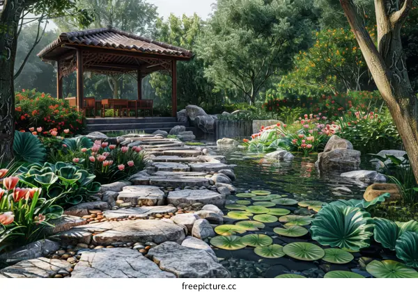 Chinese Pavilion in a Serene Garden