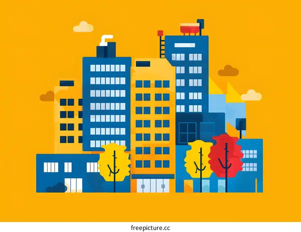 Flat Design Illustration of City Buildings with Yellow and Blue Colors