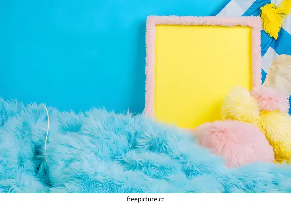 Blue Furry Background With Yellow Frame and Pillows