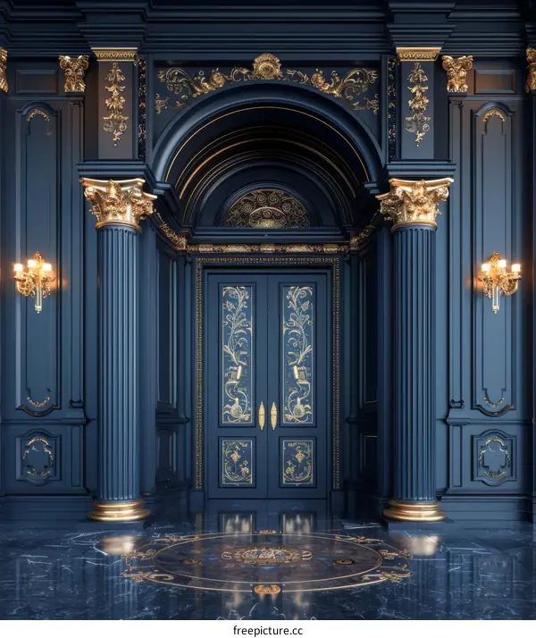 Luxury Elegant Blue Hallway with Gold Accents