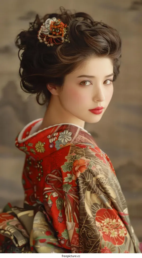 Portrait of a beautiful Japanese woman in traditional kimono