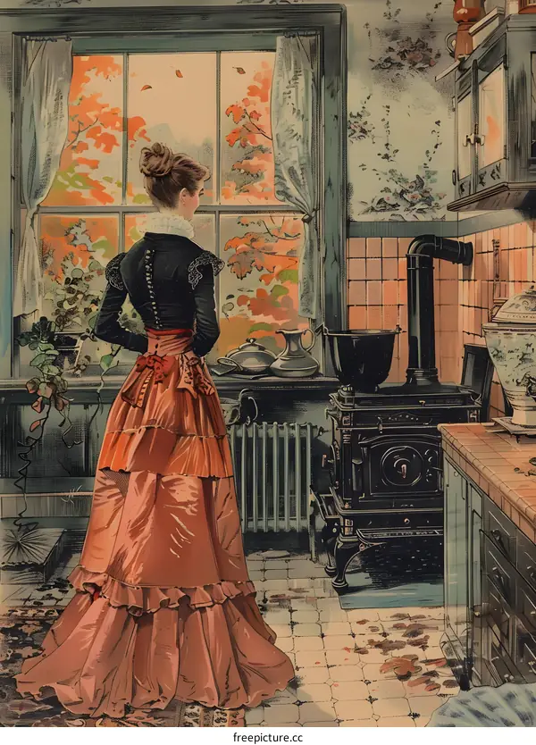Lady in Victorian dress standing in front of a window