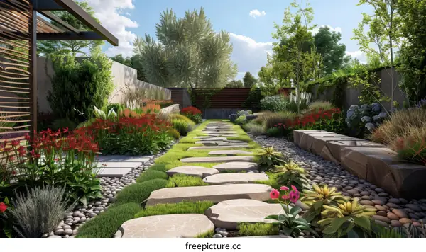 Modern Landscaping Using a Large Stone Slab Pathway and Vibrant Plants