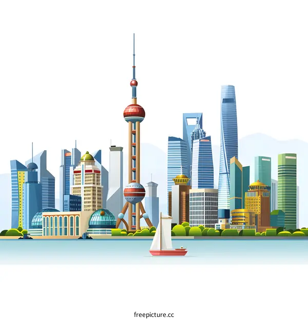Shanghai Skyline Illustration With Buildings and Boats