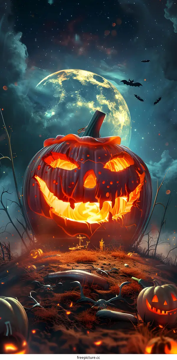 A spooky pumpkin glowing in the moonlight on Halloween night.