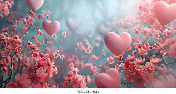 Cherry blossoms in full bloom and pink peach hearts