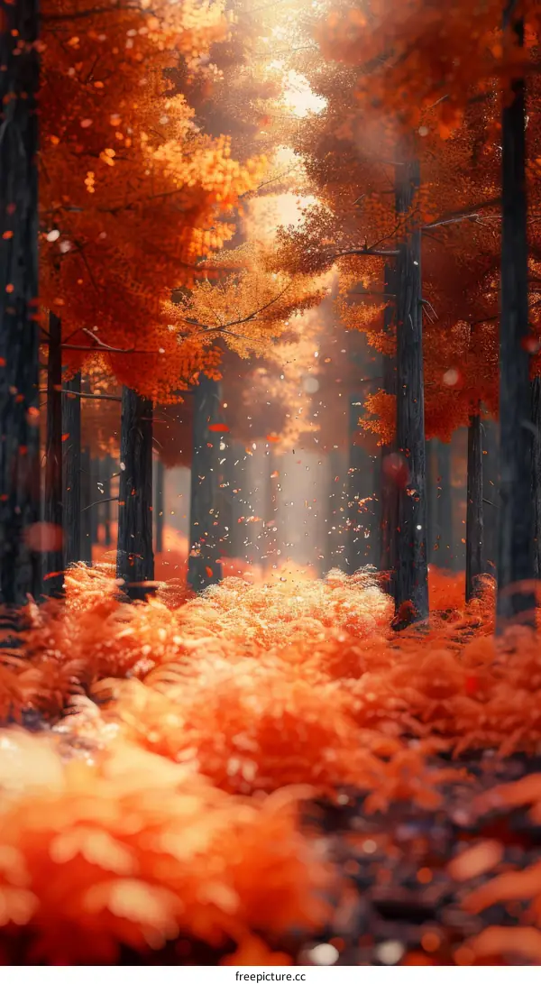 Vibrant Autumn Forest Path with Fallen Leaves and Sunlight