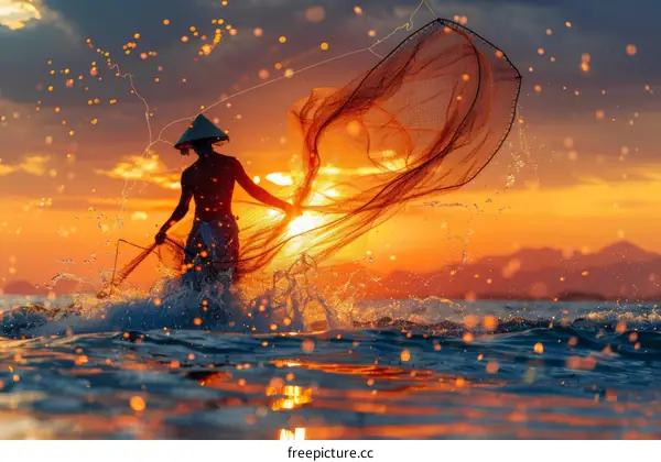 Fisherman silhouette at sunset in the sea with net