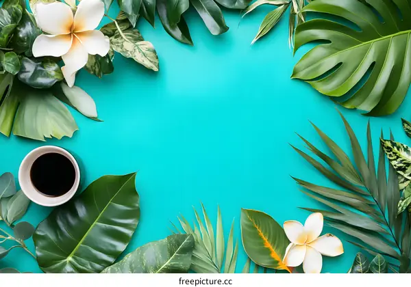 Tropical Leaves and Flowers with Coffee on a Blue Background