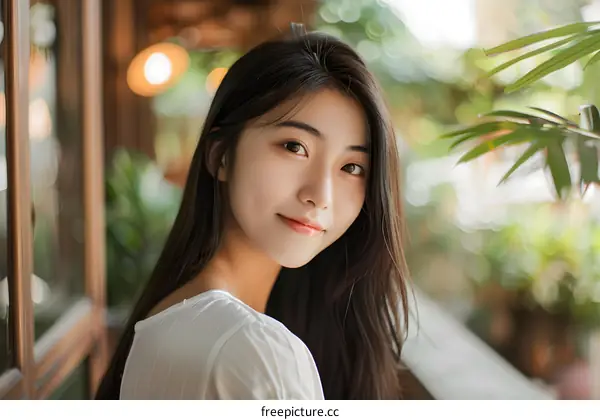 Smiling Asian Woman with Long Black Hair