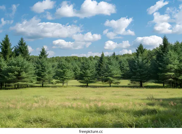 Green Meadow with Pine Trees Under Blue Sky
