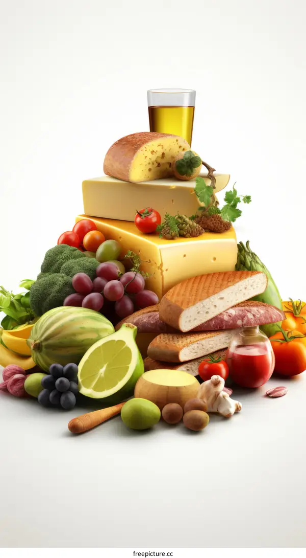 A variety of fruits, vegetables, and other food items are arranged in a pyramid shape.