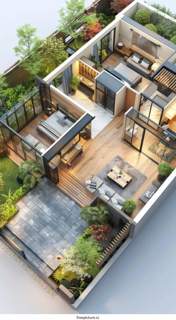 Top-Down View of a Modern House Plan with Garden