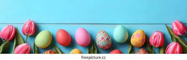 Colorful Easter Eggs and Tulips on a Light Blue Background