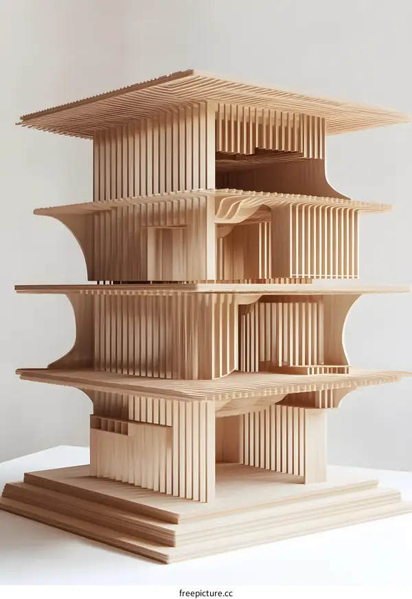 Wooden Model of a Modern Building with Curved Lines