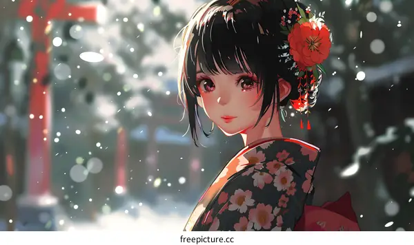 A beautiful anime girl with black hair and red flower in her hair. She is wearing a traditional Japanese kimono with a pink and white floral pattern. The background is a blurred winter landscape with snow falling.
