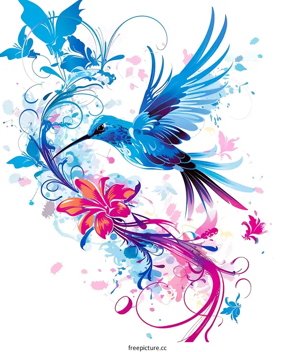 Hummingbird with Colorful Flowers and Splashes