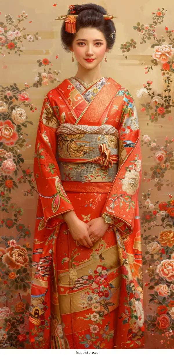 A woman wearing a red kimono with floral patterns
