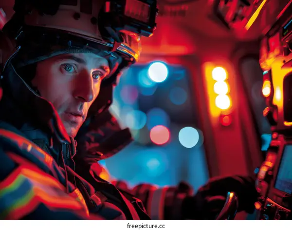 Firefighter in protective gear looking out of window of fire truck