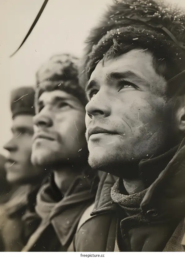 Three soldiers looking up at the sky during the Korean War