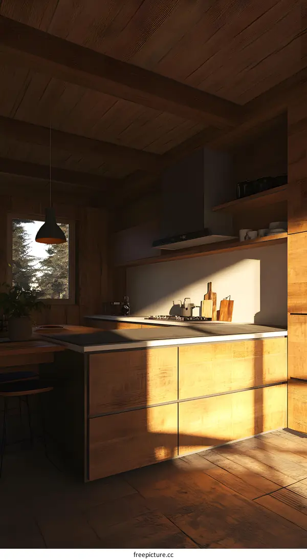 Modern Kitchen Interior Design with Wooden Cabinets and Sunlight