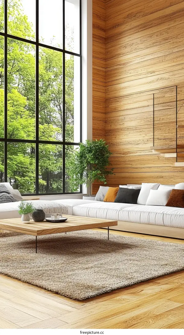 Modern Wooden Interior Living Room Design with Large Windows
