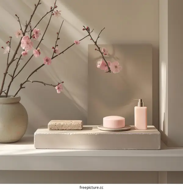 Elegant Bathroom Counter with Pink Soap and Frangipani Flowers