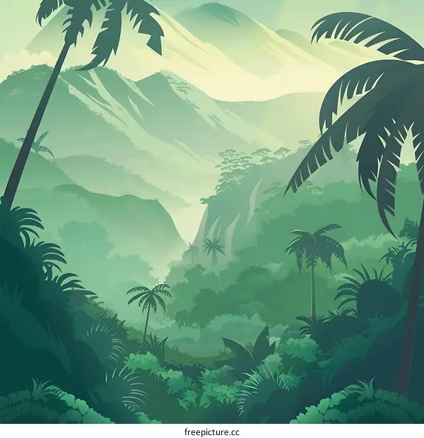 Green Jungle Landscape With Palm Trees And Mountains