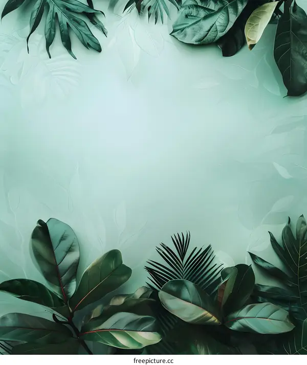 Green Tropical Leaves Border on Mint Background