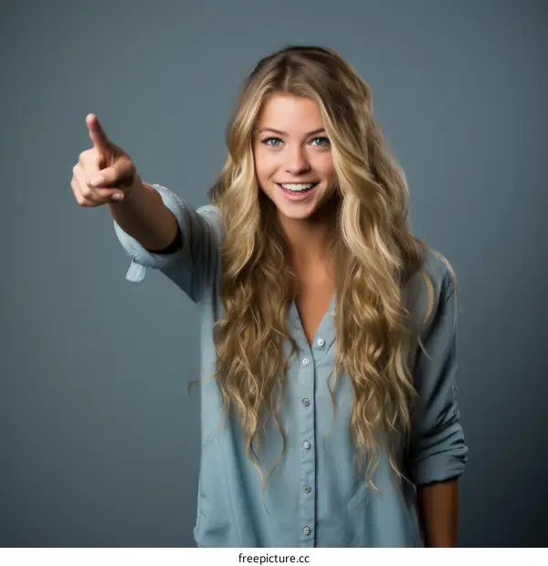 Portrait of a Smiling Blonde Woman in Blue Shirt Pointing at the Camera