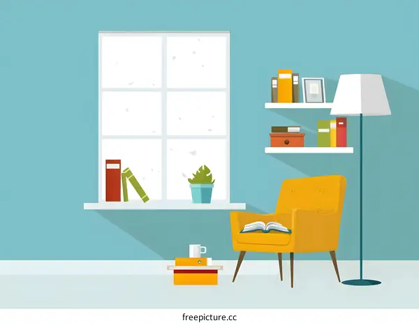 Cozy Living Room with Yellow Armchair and Bookshelf