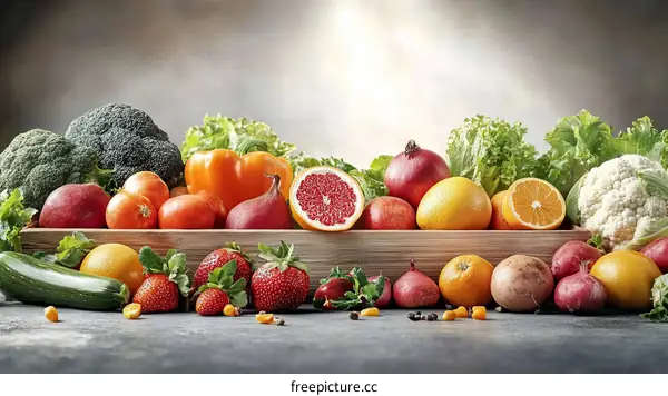 Colorful Fresh Fruits and Vegetables in Wooden Crate