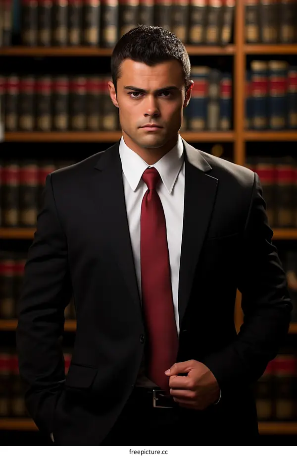 Young male lawyer standing in a library