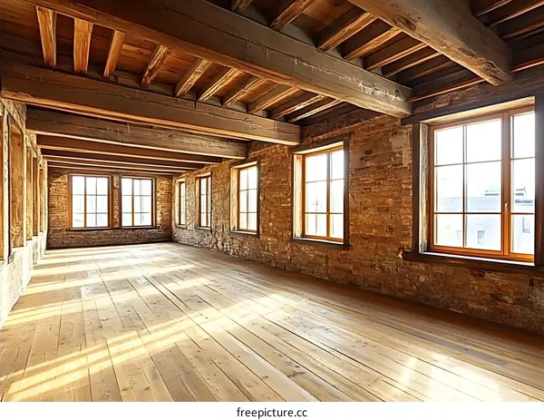 Empty Room with Exposed Brick Walls and Wooden Beams