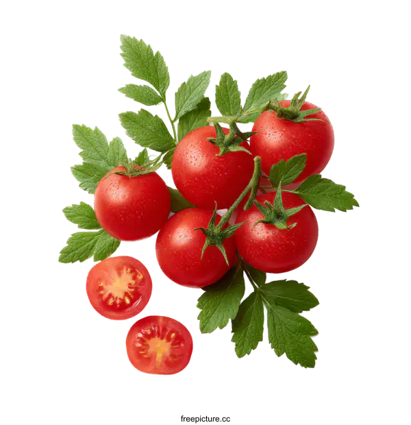[Transparent Background PNG]Fresh Red Tomatoes with Green Leaves