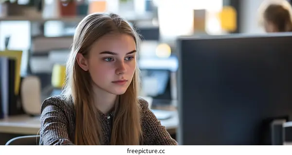 Young Woman Working on a Computer at a Modern Office