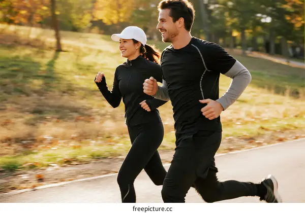Two people jogging in a park enjoying outdoor exercise