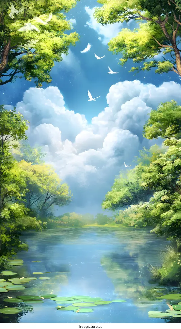 Peaceful Lake and Green Trees with White Birds Flying in the Sky