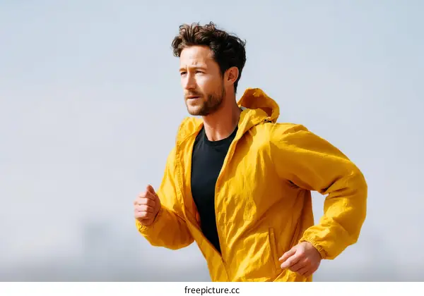 Caucasian Man Running in Yellow Jacket