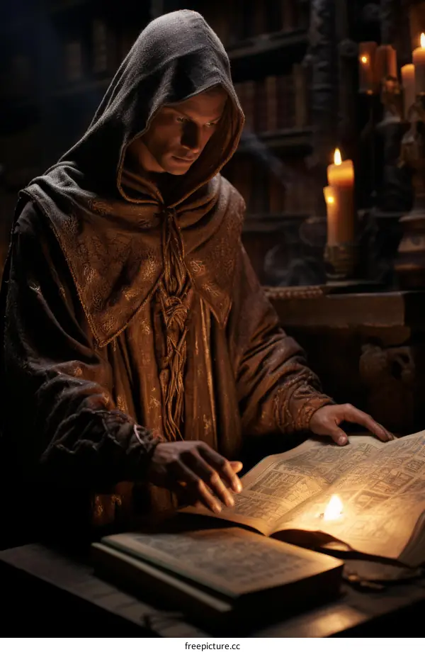 A lone scholar studies a mysterious book in a dimly lit library.