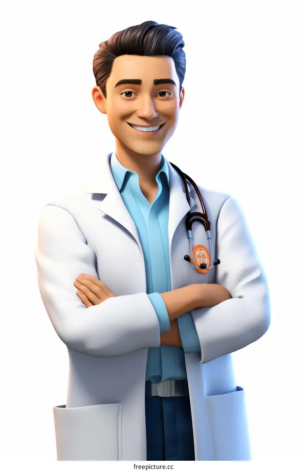 A male doctor in a white coat is smiling.