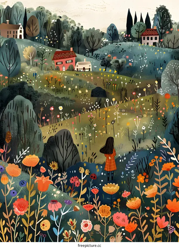 Girl standing in a field of flowers looking at houses in the distance