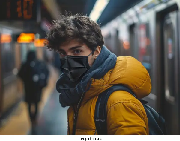 Young man wearing a mask on a subway platform