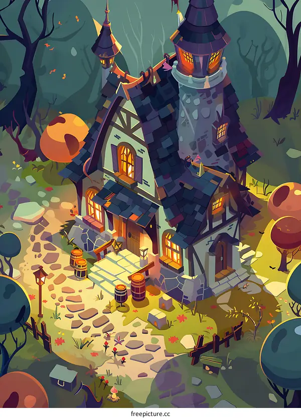Fantasy Cartoon Illustration of a Cozy Cottage in the Forest