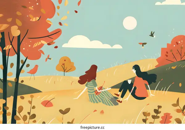 Two Girls Sitting on a Hill with Autumn Leaves